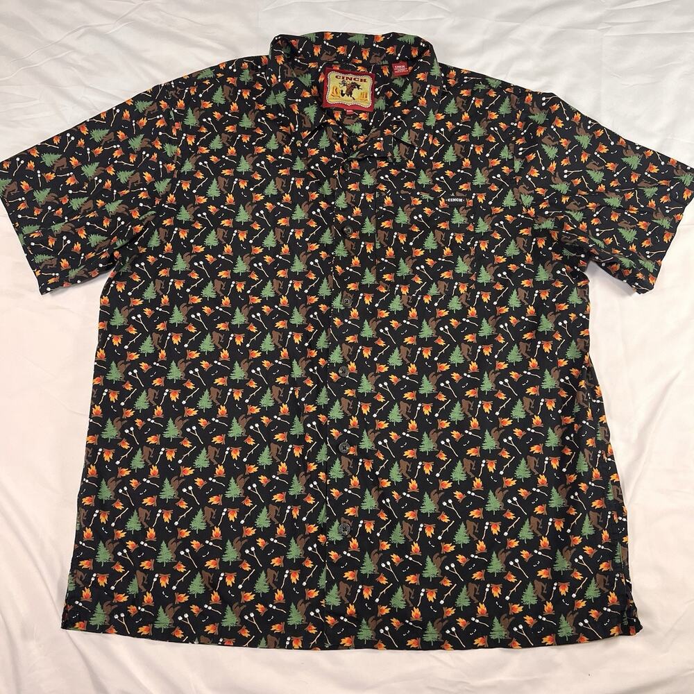 Cinch Camp Shirt Mens Size XXL Bigfoot Camping Fire AOP Classic Cowboy Western
